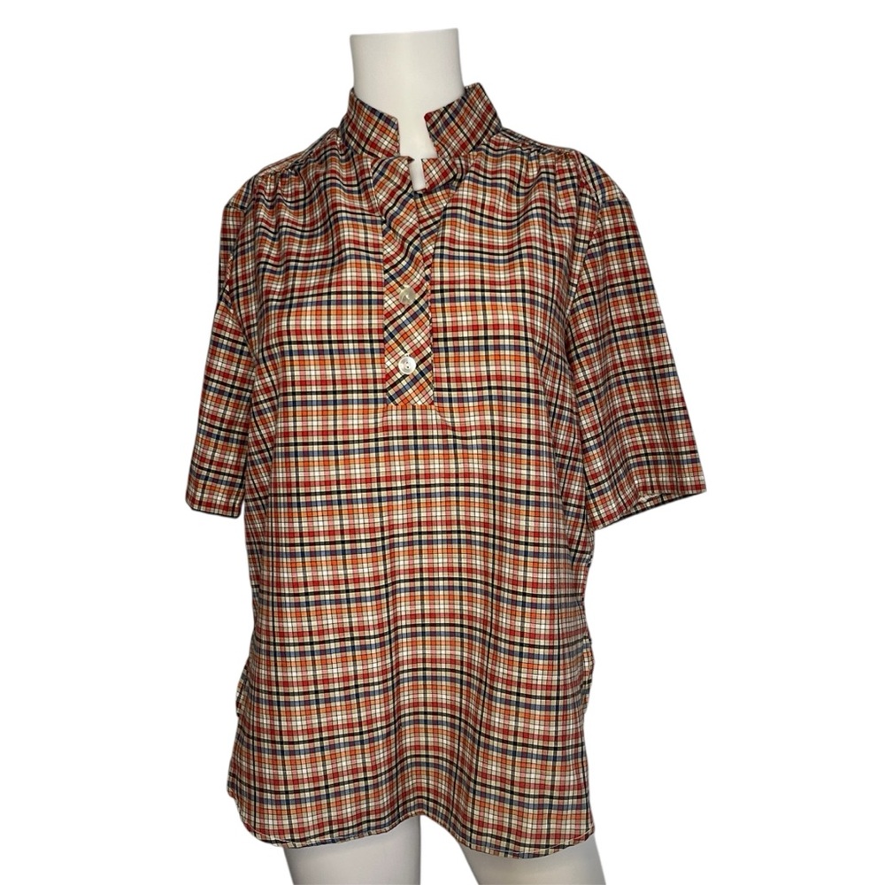 Vintage Plaid Blouse Short Sleeve Blue Orange Womens Popover Lightweight